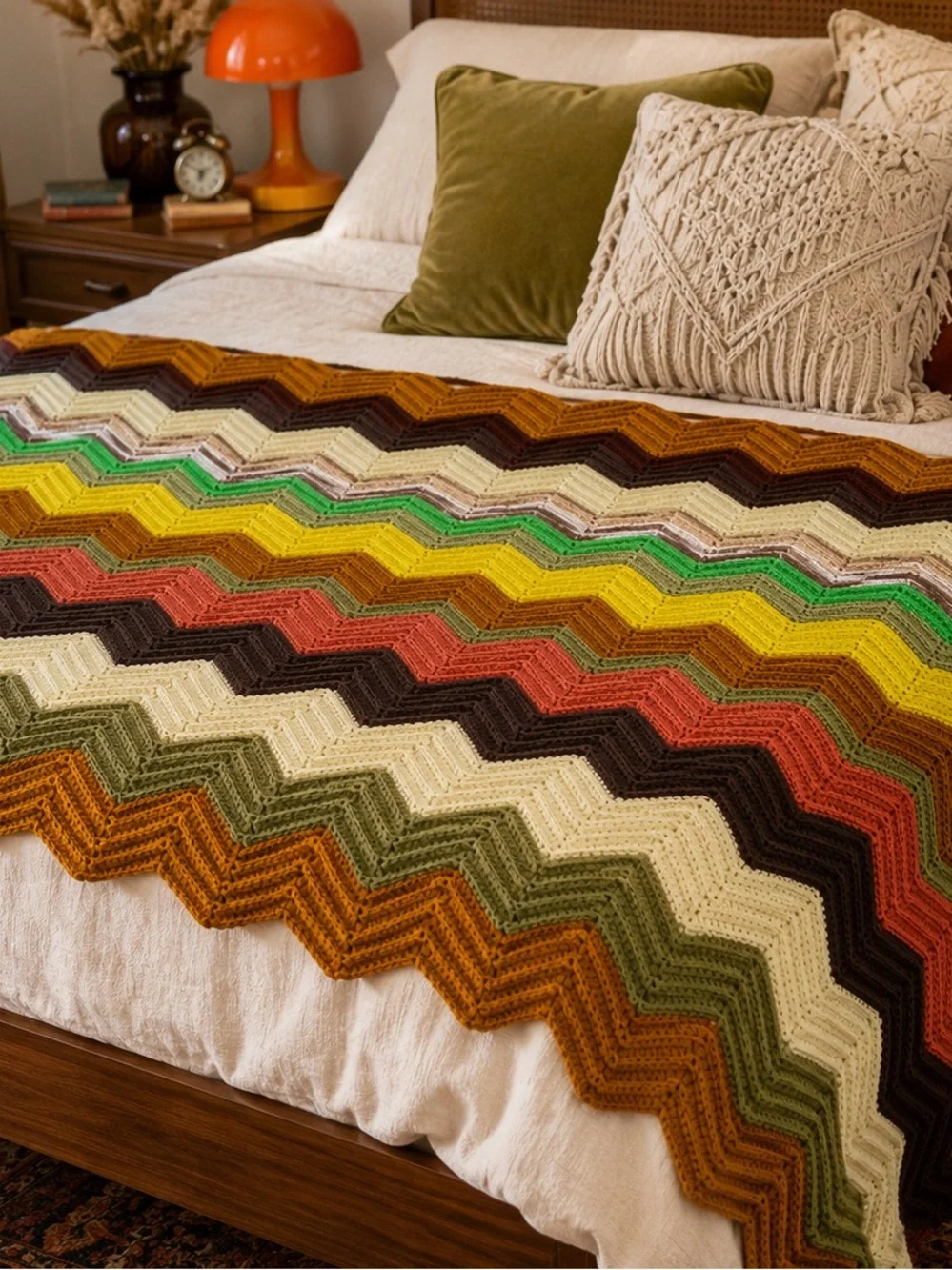 Vintage Handmade Chevron Afghan Blanket | 1970s Earth Tone Crochet Throw | Retro